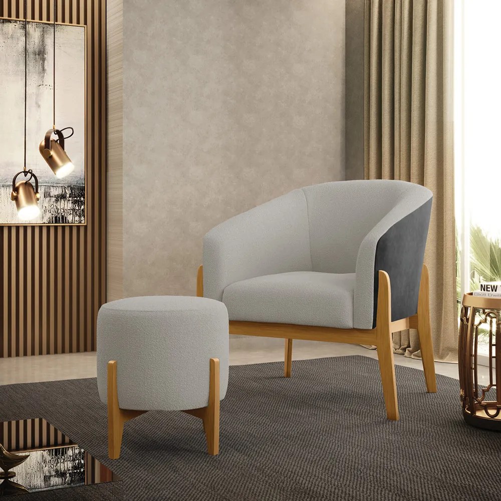 Poltrona e Puff Decorativo Base Madeira Stella PU Preto/Bouclê D03 - D'Rossi - Cinza