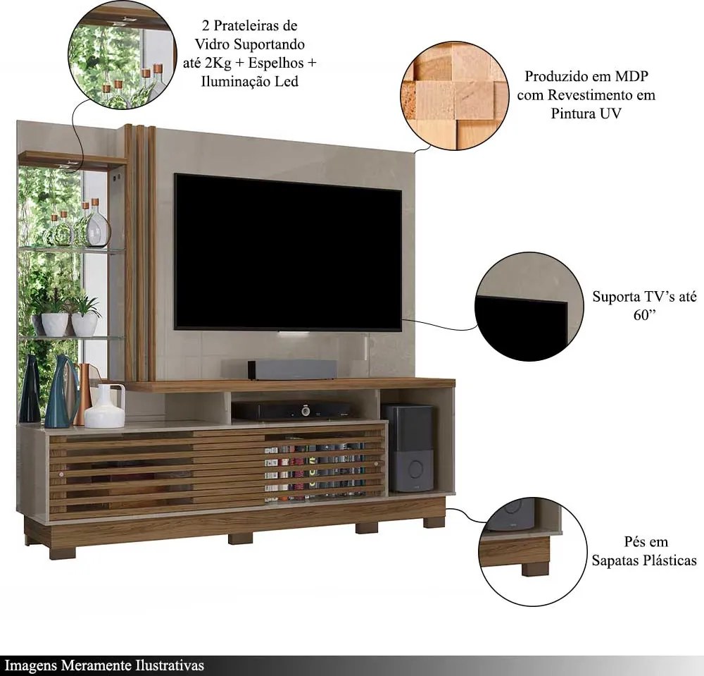 Home Theater Stall MDP 2 Portas 2 Prateleiras Iluminação LED até 60 Fendi/Naturale G97 - Gran Belo
