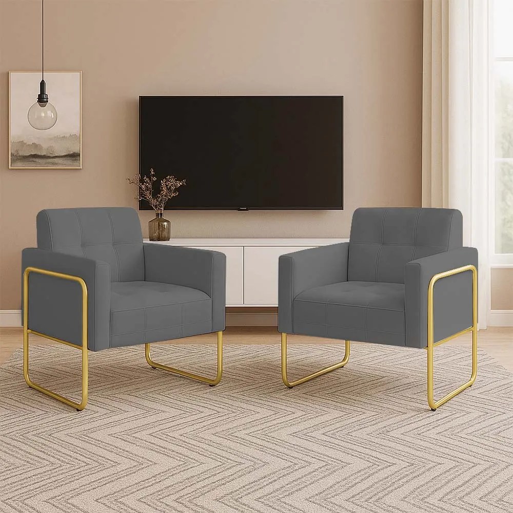 Poltrona Sala Industrial Alta Tubo Dourado Kit 2 Elisa Suede D03 - D'Rossi - Grafite