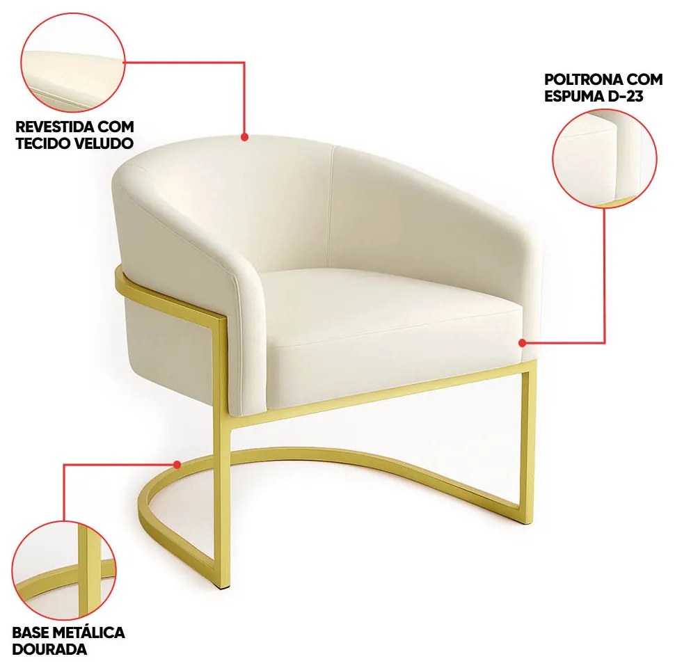 Poltrona Sala Decorativa Industrial Dourada Arielle Veludo D03 - D'Rossi - Bege