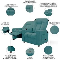 Poltrona Reclinável Para Cinema 2 Lugares Praddo FH9 Veludo Azul Claro