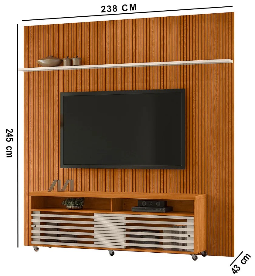 Painel TV 75 Pol 238cm Ripado Kalven com Rack Bancada Nerion Cinamomo/Off White M20 - D'Rossi