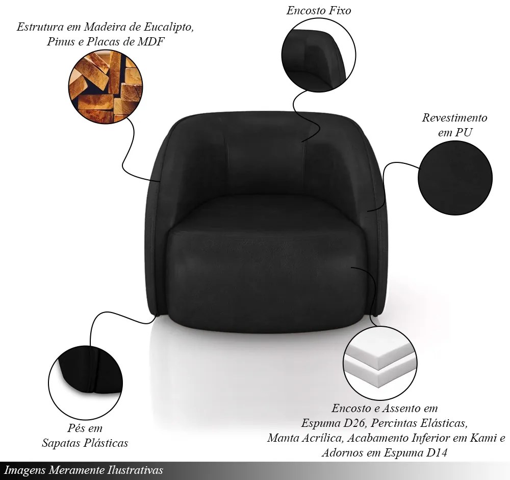 Kit 2 Poltronas Decorativas Sala de Estar Clarke PU Preto Manchado G45 - Gran Belo