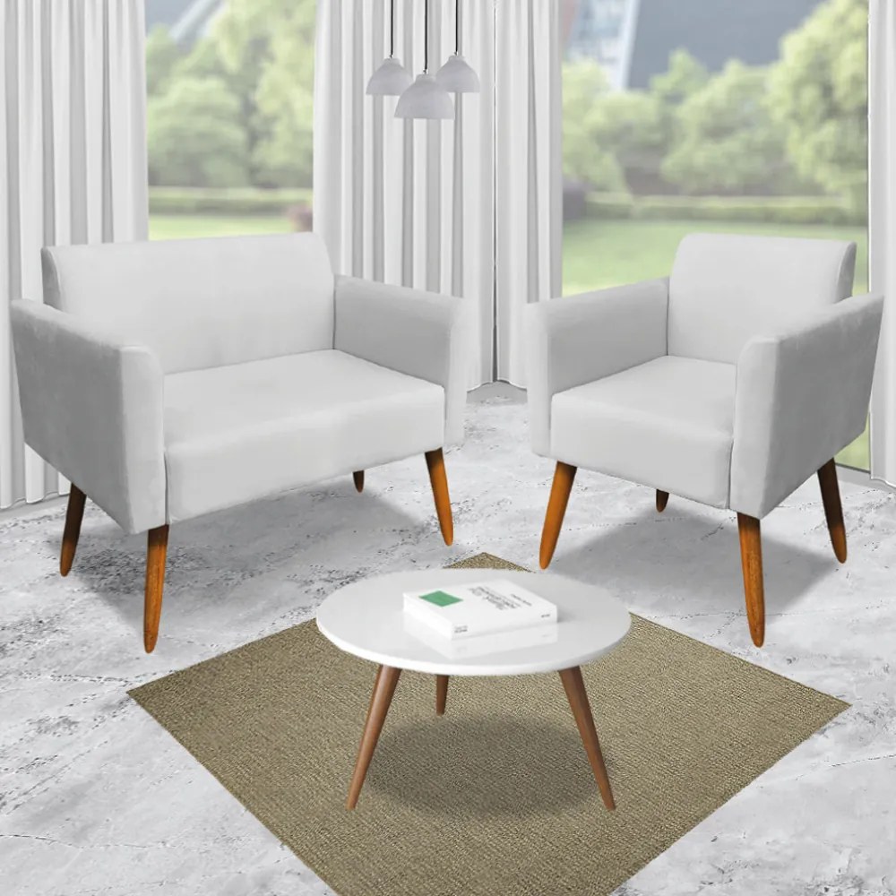 Poltrona Namoradeira Decorativa Isabella Pés Palito Madeira Suede Cinza G19 - Gran Belo