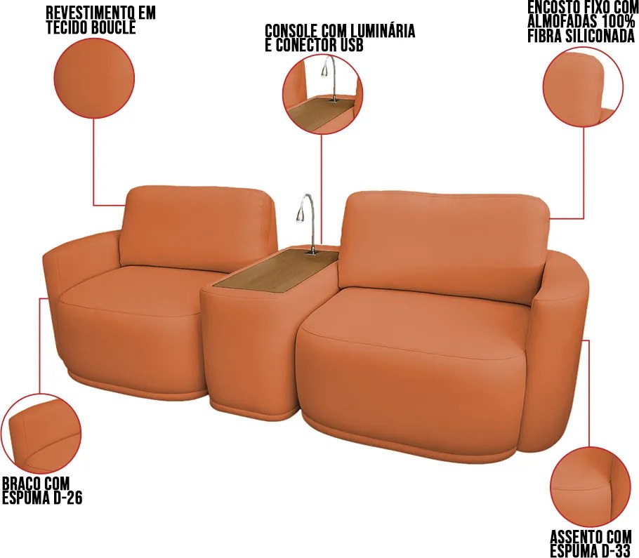 Sofá Sala Modulado 271cm com Console USB Luminária Brumma Bouclê K01 - D'Rossi - Terracota