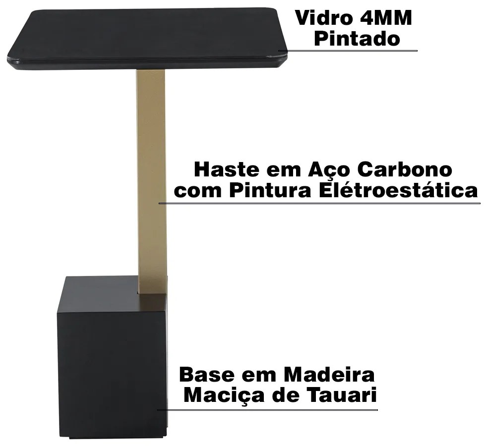 Mesa Lateral Decorativa Para Sala de Estar Goagil 35x35 Tampo e Base Preto Metal Dourado G55 - Gran Belo