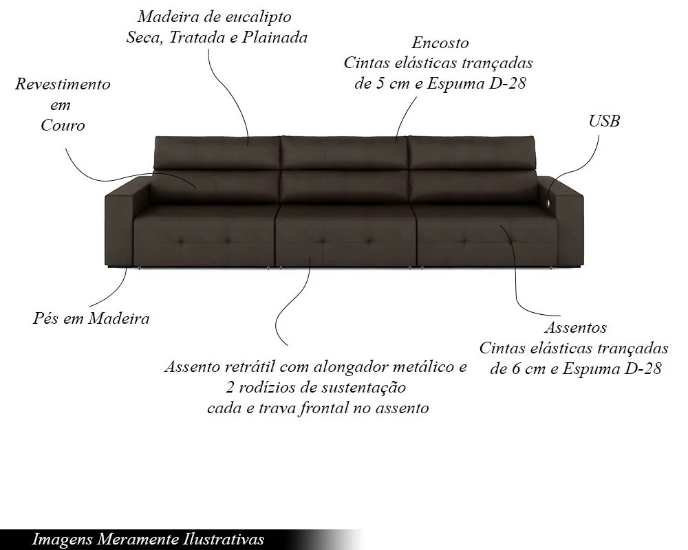 Sofá Retrátil 6 Lugares 404cm 3 Módulos Nero com USB Couro Marrom G52 - Gran Belo