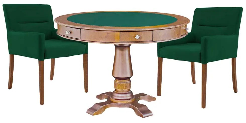Mesa de Jogos Carteado Victoria Redonda Tampo Reversível Amêndoa com Kit 2 Cadeiras Vicenza Suede Verde G36 G15 - Gran Belo