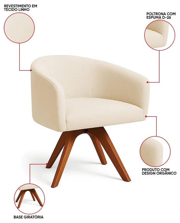 Poltrona Sala Base Giratória Madeira Kit 2 Arielle Linho Bege D03 - D'Rossi