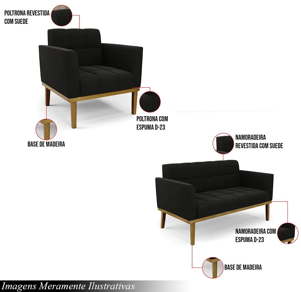 Conjunto Poltrona e Namoradeira Decorativas Karen Pés Fixo em Madeira Castanho Suede Preto G19 - Gran Belo