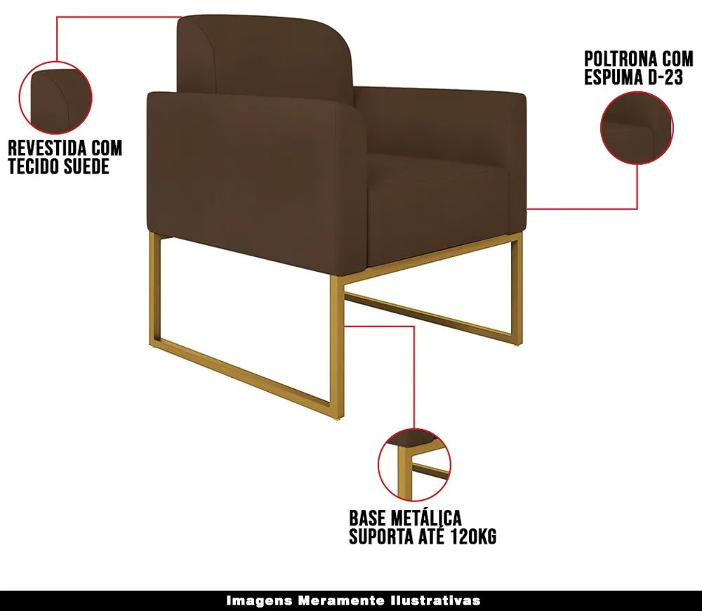 Poltrona Decorativa Isabella Base Industrial Suede Marrom/Dourado G19 - Gran Belo