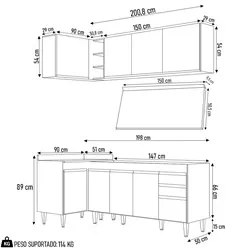 Armário de Cozinha Modulado de Canto Direito 4 Peças CP41 Balcão com T