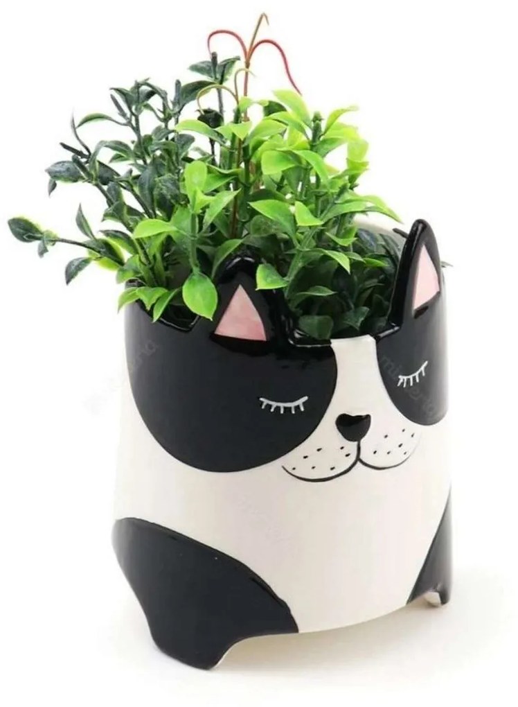Cachepot Vaso Decorativo de Cerâmica Cachorro Branco e Preto