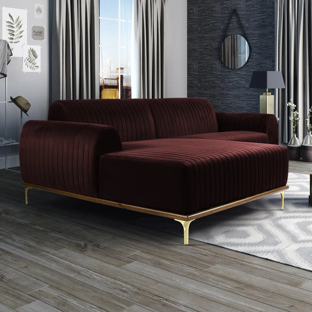 Sofá 3 Lugares Lisboa D07 com Chaise Esquerda 230cm Veludo Bordô - D'Rossi