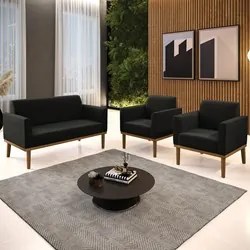 Sofá Namoradeira e 2 Poltronas Base Madeira Castanho Maressa Suede Pre