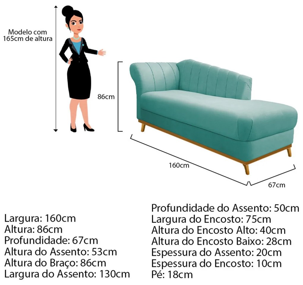Recamier Vanessa 160cm Lado Direito Suede Azul Tiffany - ADJ Decor