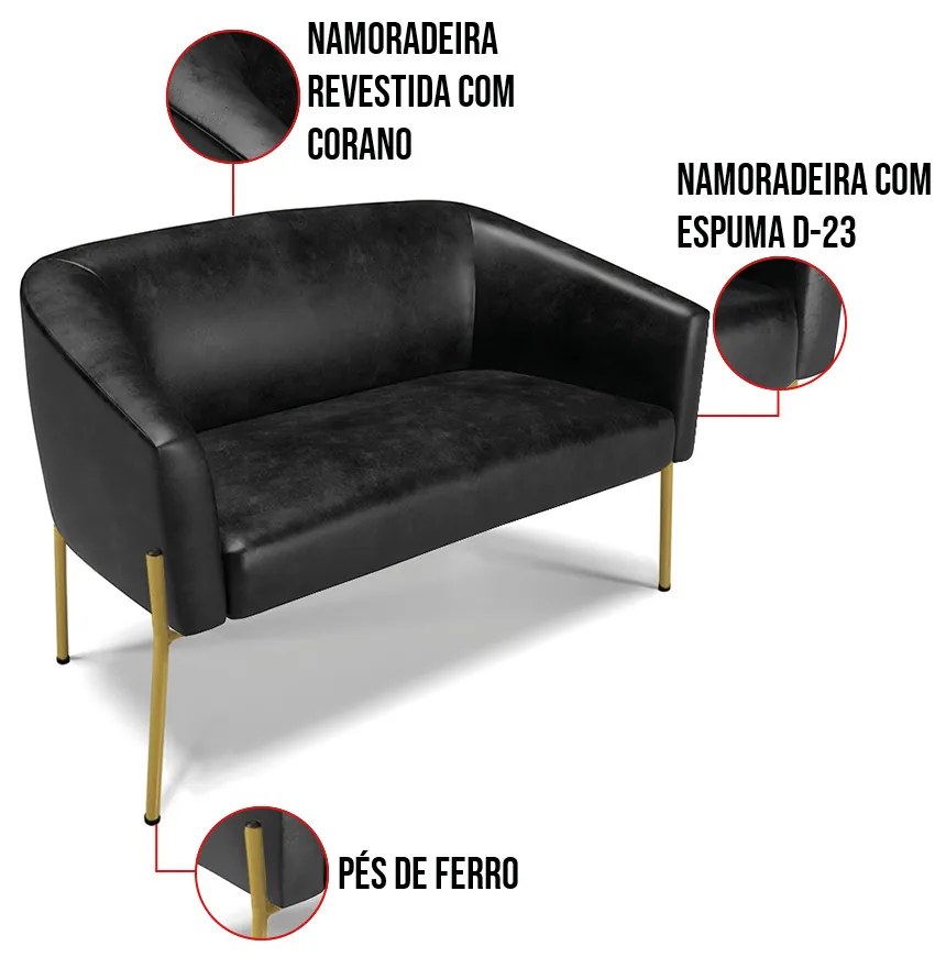 Sofá 2 Lugares Namoradeira Pé de Ferro Dourado Stella Sintético PU D03 - D'Rossi - Preto