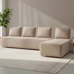 Sofá 4 Lugares Com Chaise 296cm Rovier Veludo Bege Z32      - Mpozenat