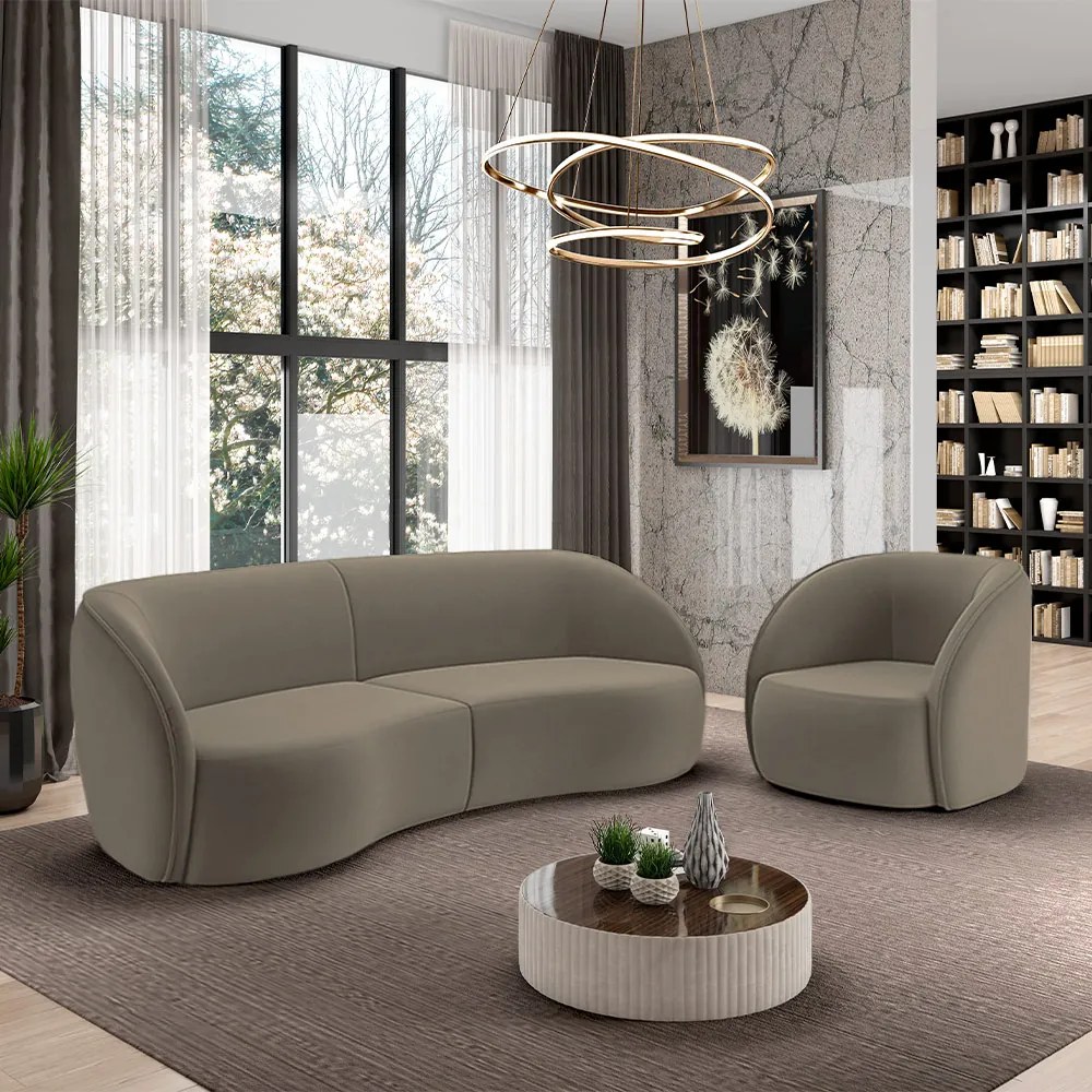 Conjunto Sofá Sala de Estar Bipartido 288cm e Poltrona Clarke Veludo Castor G45 - Gran Belo
