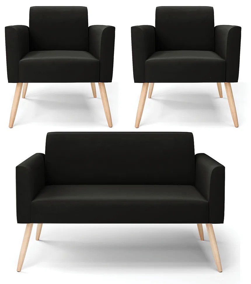 Sofá Namoradeira com 2 Poltronas Pés Palito Natural Marisa Suede Preto D03 - D'Rossi