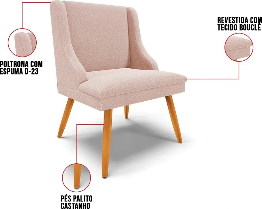 Cadeira Sala de Jantar Pé Palito Castanho Kit 6 Liz Boucle D03 - D'Rossi - Rose