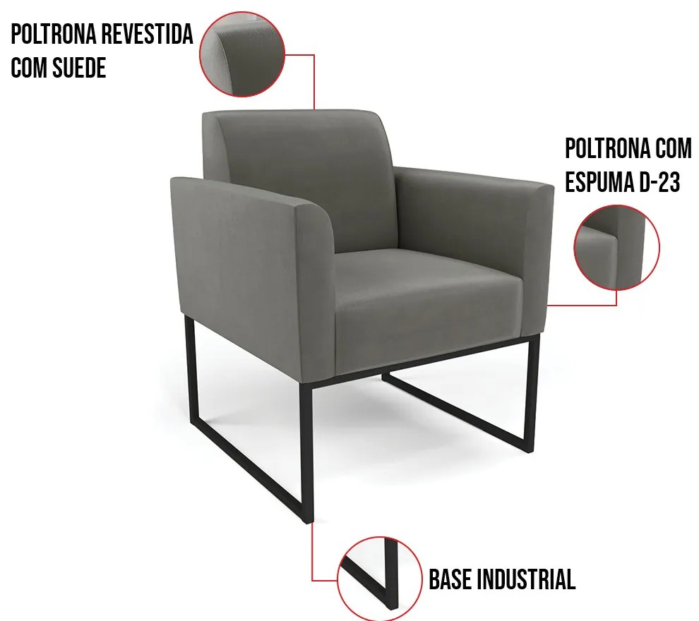 Poltrona Base Industrial Preto Marisa Suede - Grafite