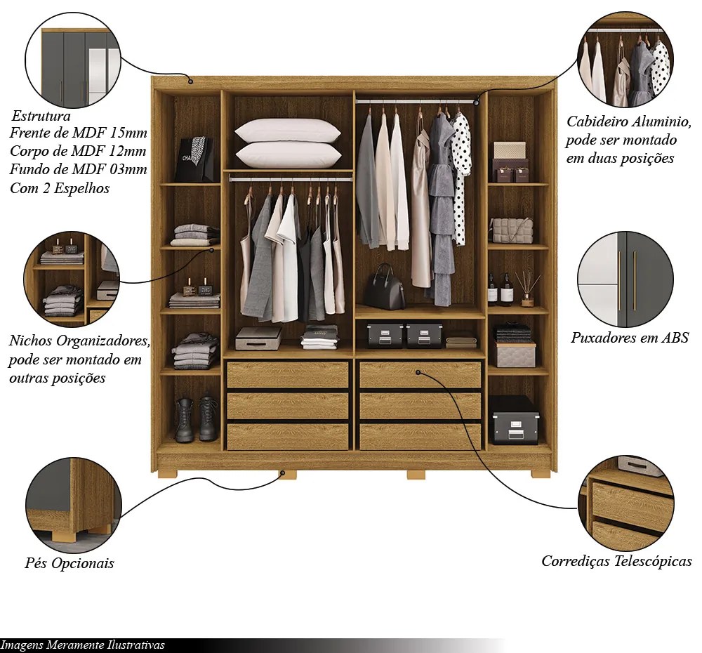 Guarda Roupa Casal Madesa 6 Portas 2 com Espelhos Bater 6 Gavetas com Cabideiros MDF Nature/Chumbo G98 Gran Belo