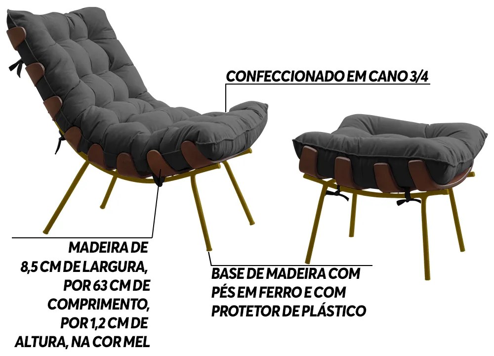 Conjunto Decorativo Poltrona e Puff Abel Base de Madeira Dourada Suede Cinza G41 - Gran Belo
