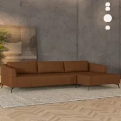 Sofá 5 Lugares 366cm Com Chaise Direito Eko Couro Caramelo Z55 - Mpoze