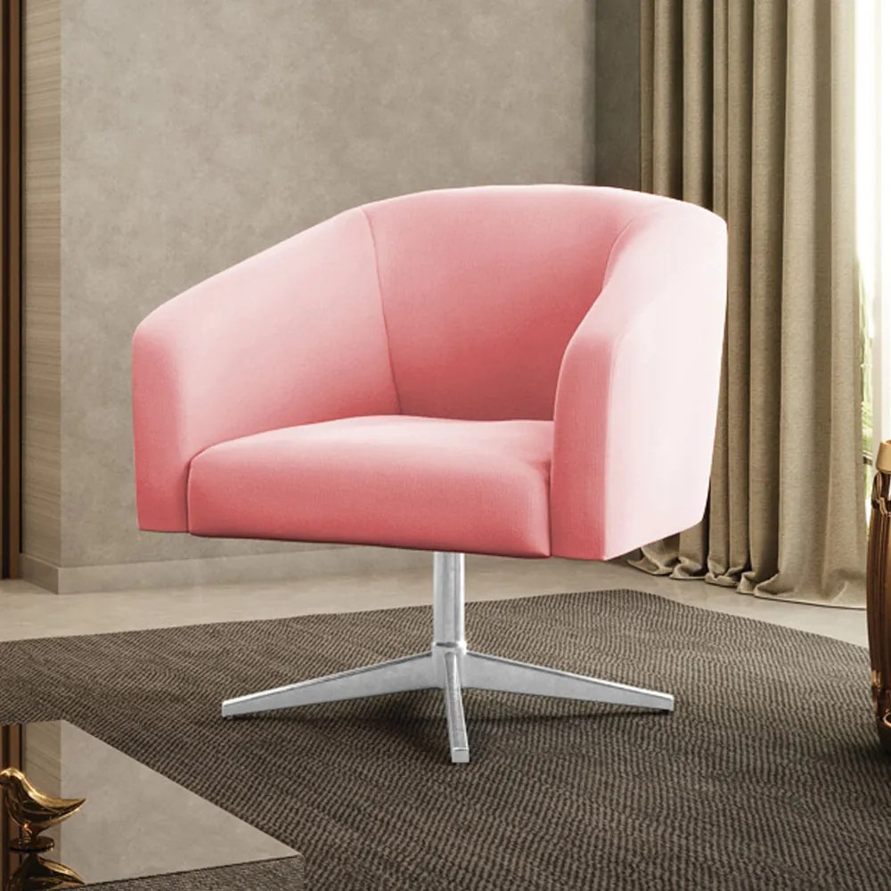 Poltrona Decorativa Giratória Cromada Stella Suede D03 - D'Rossi - Rosa Bebê
