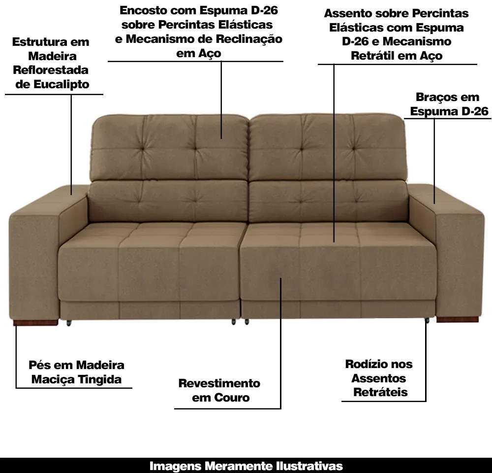 Sofá Sala de Estar Retrátil e Reclinável 3 Lugares Lisboa 230cm Couro Bege G58 - Gran Belo