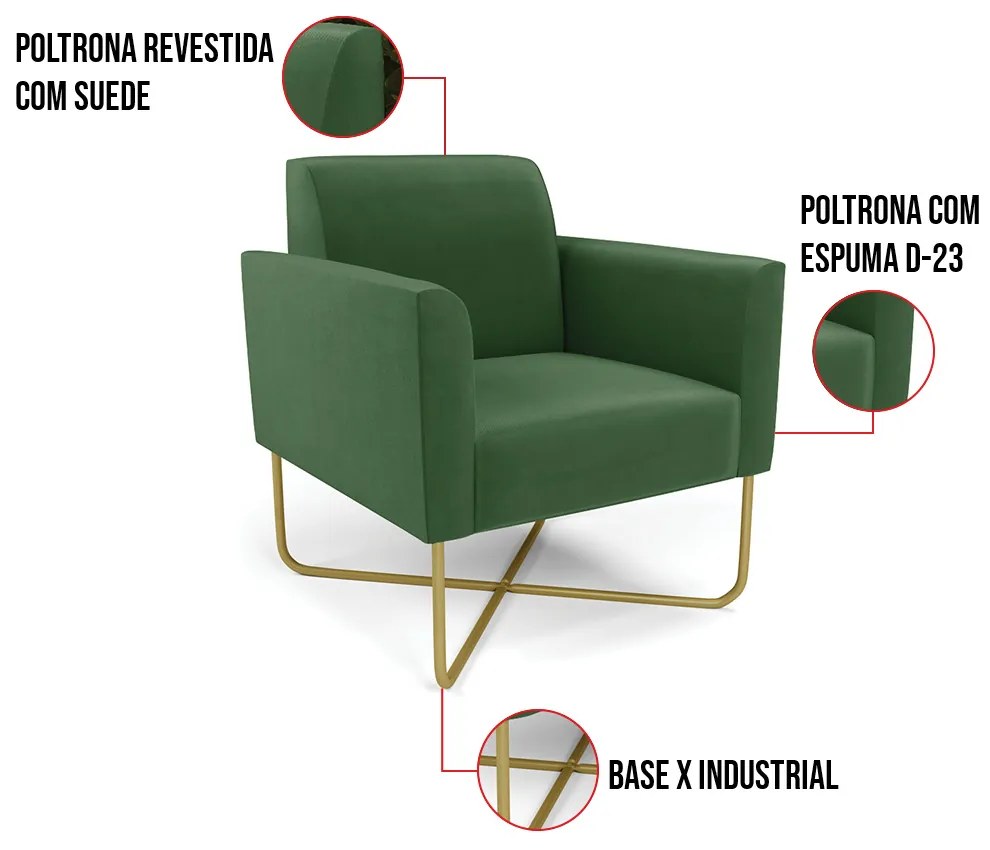 Poltrona Base X Industrial Dourado Marisa Suede - Verde