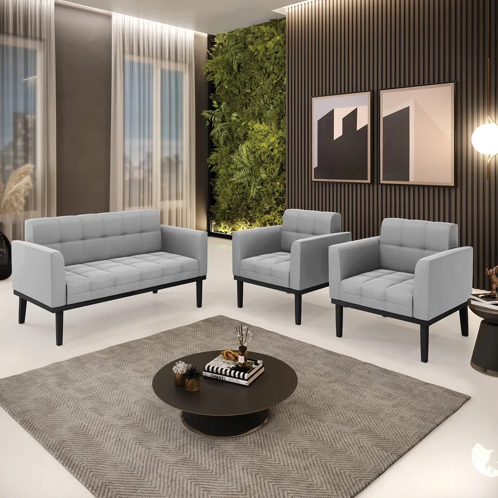 Sofá Namoradeira e 2 Poltronas Base de Madeira Preto Elisa Suede D03 - D'Rossi - Cinza