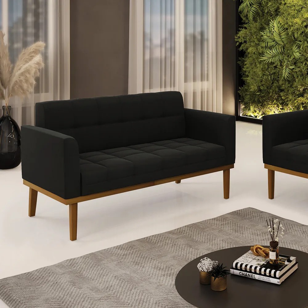 Sofá Namoradeira 2 Lugares Base de Madeira Castanho Elisa Suede D03 - DRossi - Preto