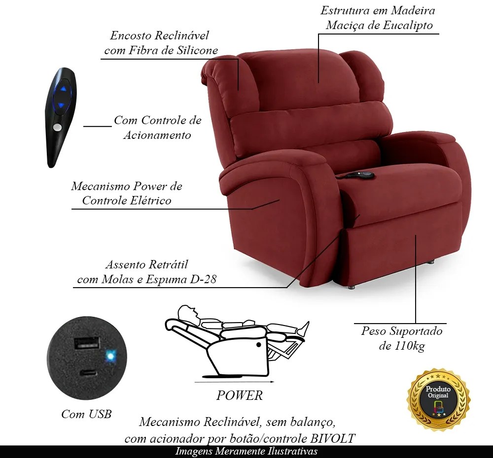 Poltrona do Papai Sala de Cinema Reclinável Kylie Controle Power Elétrico USB Veludo Vermelho G23