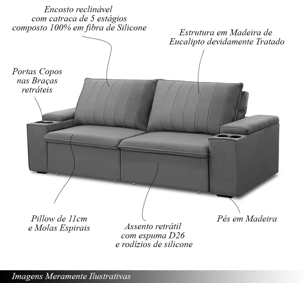 Sofá Retrátil e Reclinável 2 Lugares 205CM Kent Porta Copos no Braço Veludo Cinza G22 - Gran Belo