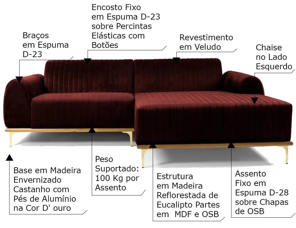 Sofá 4 Lugares Bipartido com Chaise Lado Esquerdo Base de Madeira Euro 265 cm Veludo Vinho G15 - Gran Belo