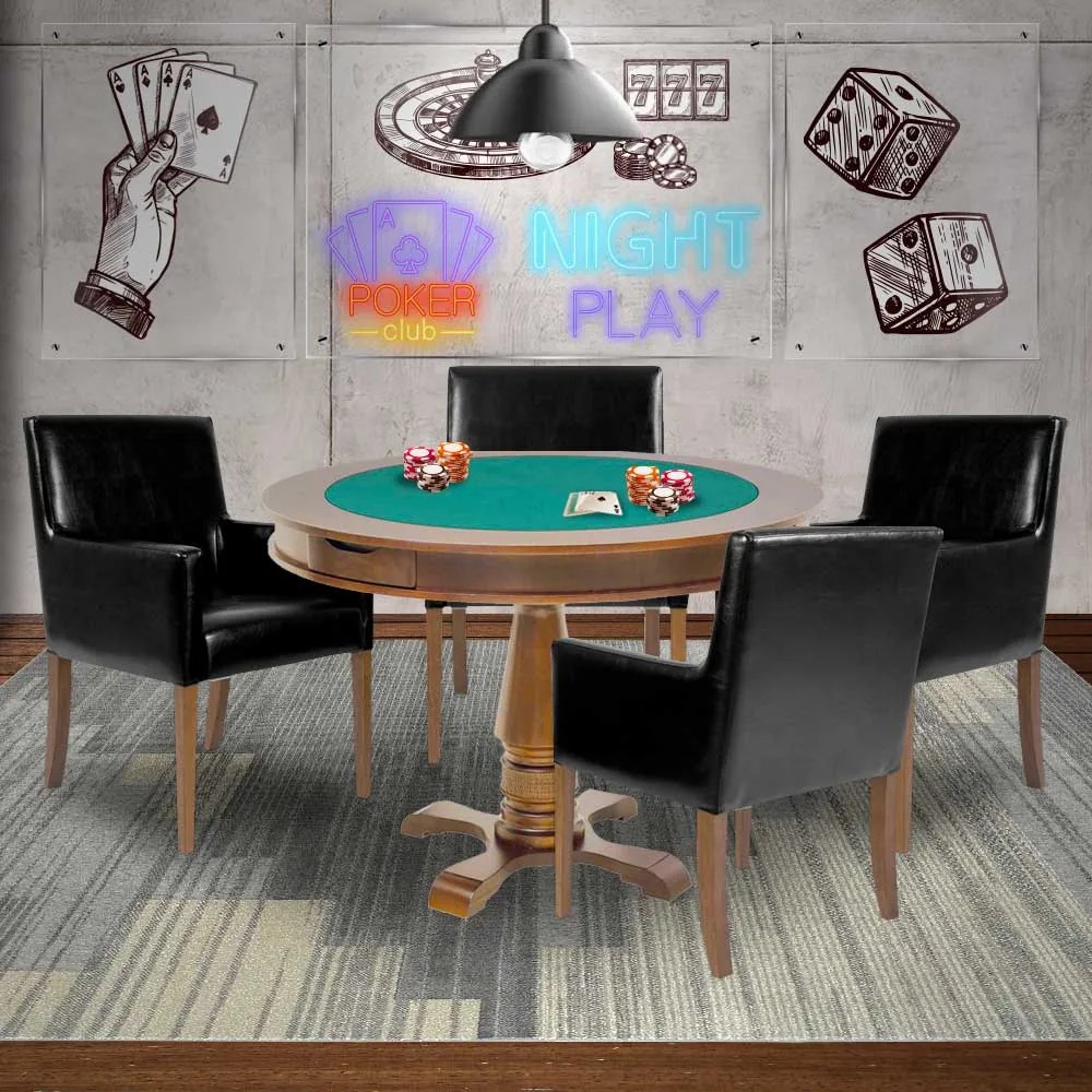 Mesa de Jogos Carteado Victoria Redonda Tampo Reversível Amêndoa com 4 Cadeiras Liverpool Corino Preto Liso G36 G15 - Gran Belo