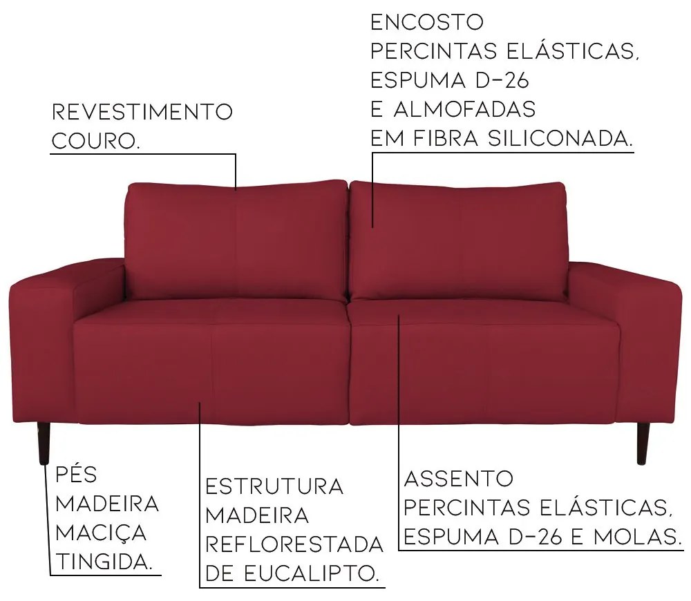 Sofá 03 Lugares Sala de Estar Recepção 220cm Bipartido Brad Couro Vermelho G58 - Gran Belo