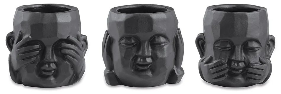 Kit 03 Cachepot Buda Sabedoria Preto em Cimento 7,5 cm - D'Rossi