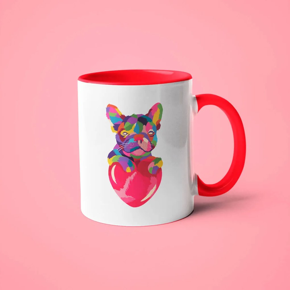 Caneca Cachorro Colorido Bulldog Nerd Branca com Alça Vermelha