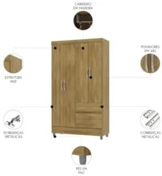 Guarda Roupa Solteiro 103cm 4 Portas Mayra Nature V02 - Mpozenato