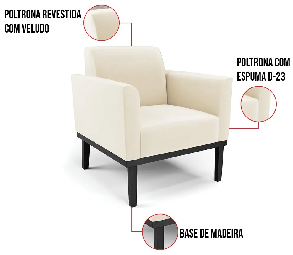 Poltrona Base de Madeira Fixa Preto Marisa Veludo D03 - D'Rossi - Bege