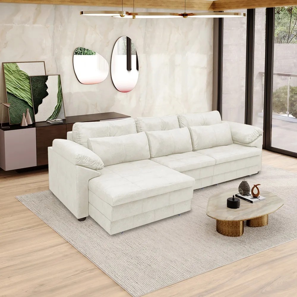 Sofá Retrátil Elétrico Sala de Estar Nolan Bipartido 332cm Conforto Premium em Couro Branco Manchado G58 - Gran Belo