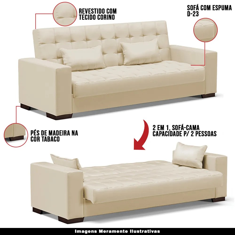 Sofá Cama Decorativo 210cm Beesley Pu Bege Fosco G19 - Gran Belo