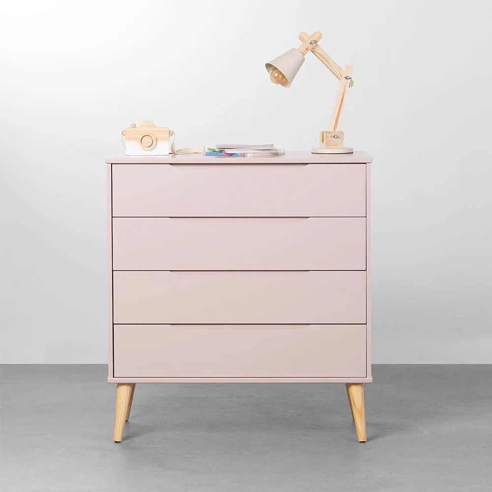 Cômoda Elfe 4 Gavetas com Pés Retrô Natural - Rosa Fosco