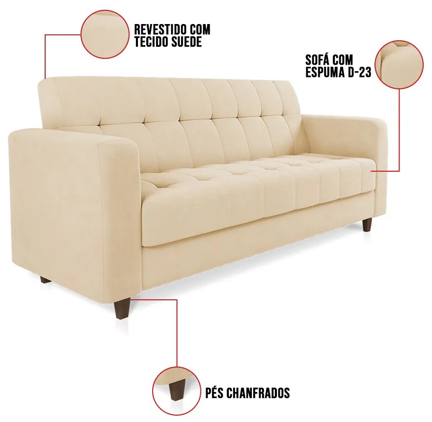 Sofá 03 Lugares Arezzo Suede Pés Chanfrado Tabaco D01 - D'Rossi - Bege