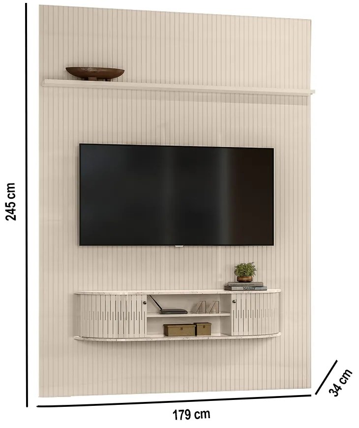 Painel TV 65 Pol 179cm Ripado Valen e Bancada Suspensa Norezi Calacata/Off White M20 - D'Rossi