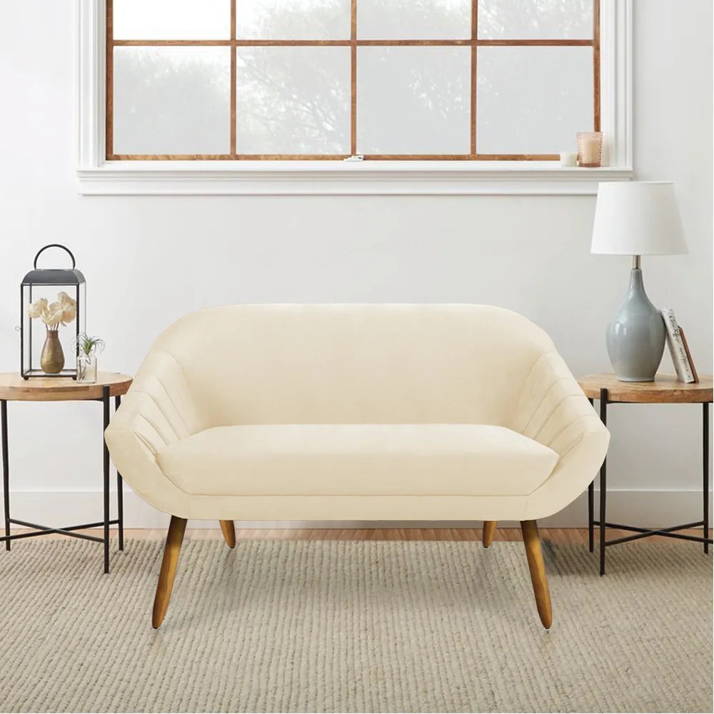 Kit 01 Namoradeira 02 Lugares e 01 Poltrona Giratória Giovana Veludo Bege Base Madeira MM30 - D'Rossi