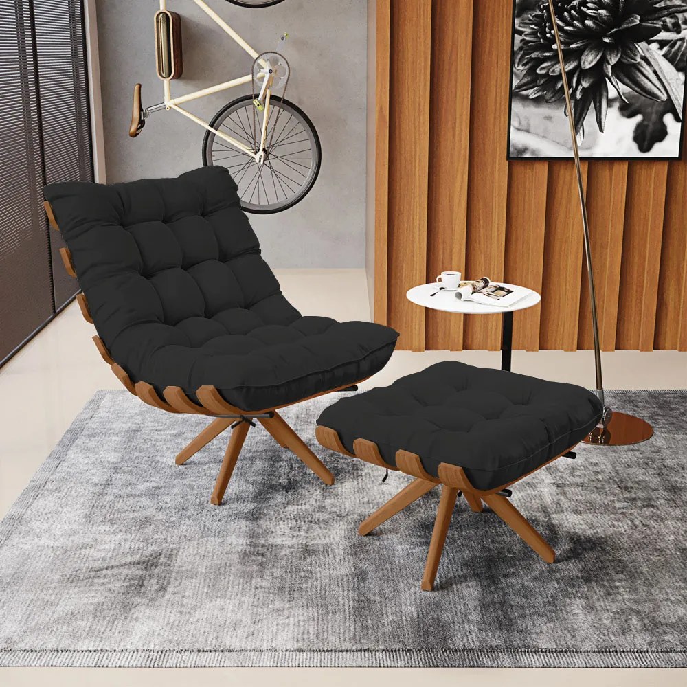 Poltrona com Puff Giratório Costela Veludo Preto Base de Madeira MA30 M11 - D'Rossi